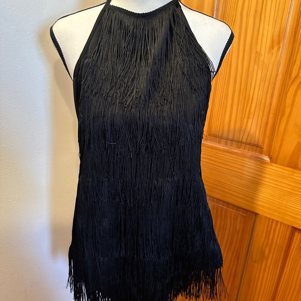 Black Fringe Halter Mini Dress